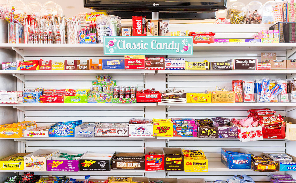 Pops Route 66 Soda Ranch Arcadia Oklahoma Classic Candy shelves vintage candy selection